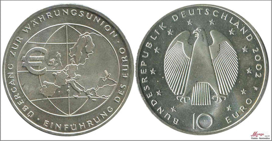 Alemania - Federal - 2002 - Monedas euros en plata - Nº KM00215 - S/C / UNC - 10 € año 2002 letra F / Introducción € - 18 gr.