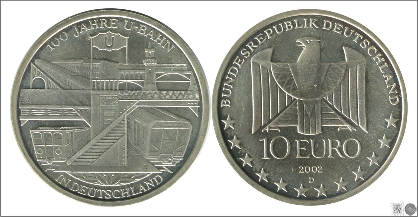 Alemania - Federal - 2002 - Monedas euros en plata - S/C / UNC - 10 € año 2002 letra D / Metro