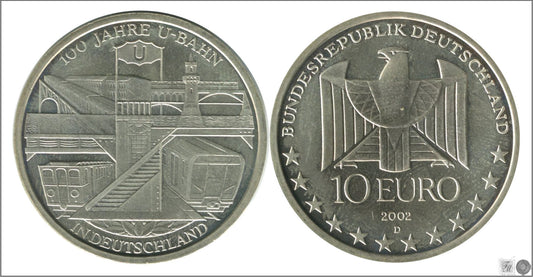 Alemania - Federal - 2002 - Monedas euros en plata - S/C / UNC - 10 € año 2002 letra D / Metro