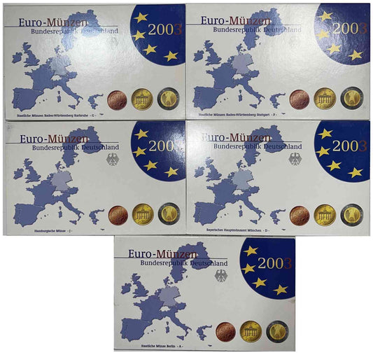 Alemania - Federal - 2003 - Monedas Euros en cartera oficial - PROOF - Juego 5 Carteras 2003 (40 monedas) - 5 Letras / Ocasion