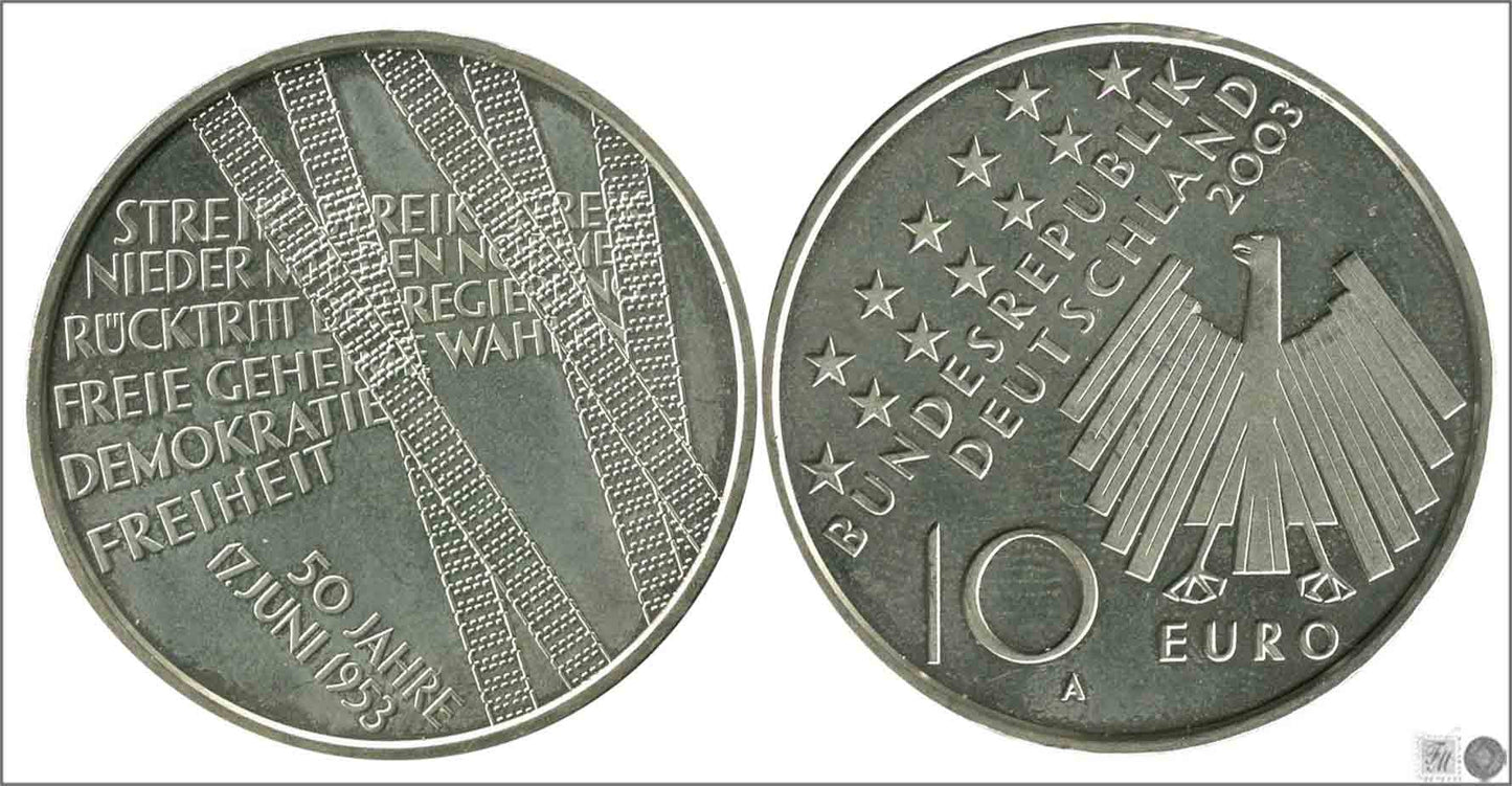 Alemania - Federal - 2003 - Monedas euros en plata - S/C / UNC - 10 € año 2003 letra A / 50º aniversario Revolución de Alemania