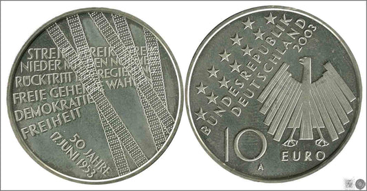 Alemania - Federal - 2003 - Monedas euros en plata - S/C / UNC - 10 € año 2003 letra A / 50º aniversario Revolución de Alemania