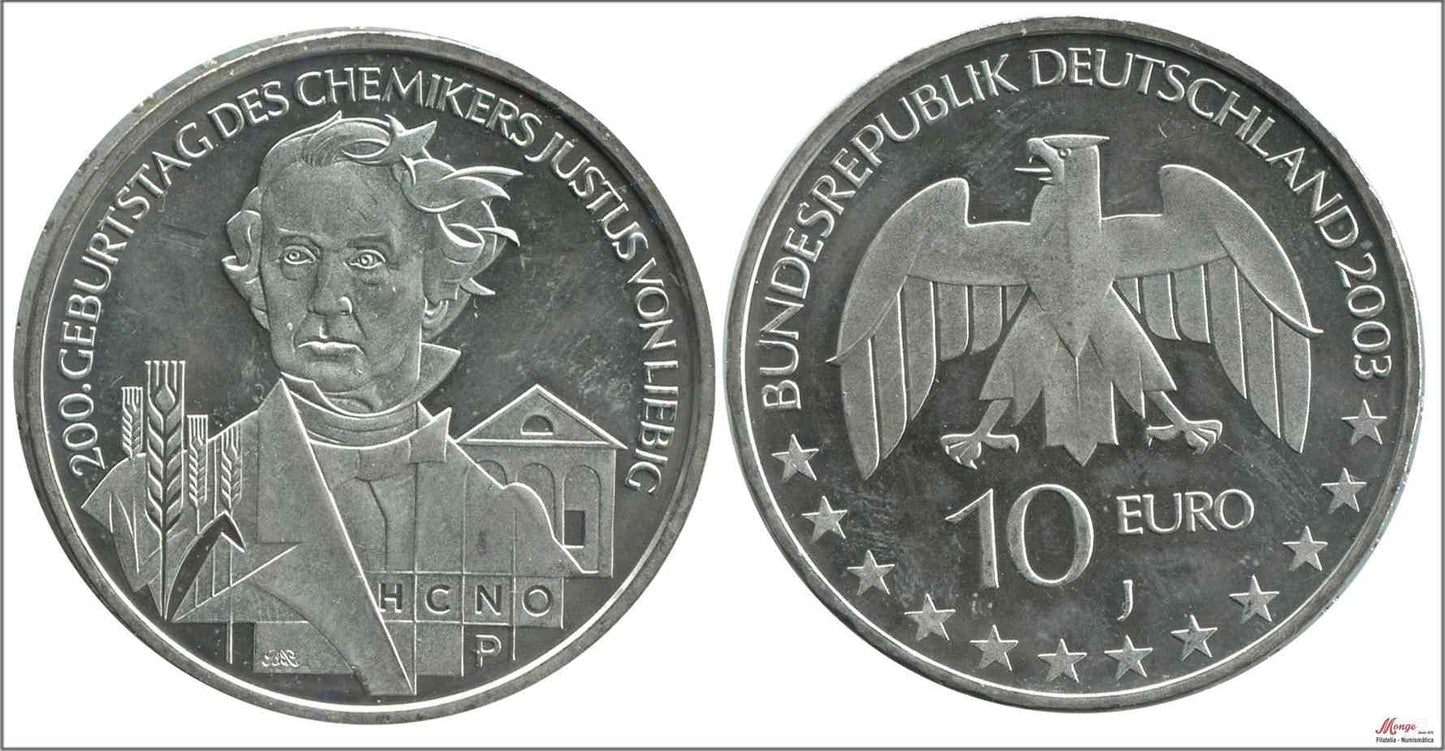 Alemania - Federal - 2003 - Monedas euros en plata - S/C / UNC - 10 € año 2003 letra J / Justius Von Liebig