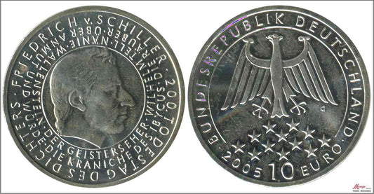 Alemania - Federal - 2005 - Monedas euros en plata - Nº KM00239 - PROOF - 10 € Año 2005 letra G / Schiller - 18 gr.