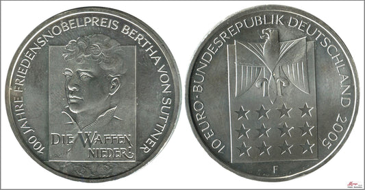 Alemania - Federal - 2005 - Monedas euros en plata - S/C / UNC - 10 € año 2005 letra F / Die Waffen Nieder