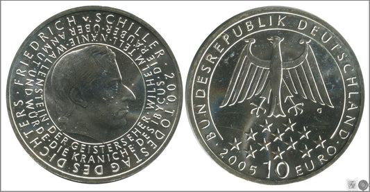 Alemania - Federal - 2005 - Monedas euros en plata - S/C / UNC - 10 € Año 2005 letra G / Schiller