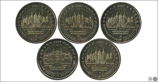 Alemania - Federal - 2007 - Monedas Euros circulación - S/C / UNC - 2 € Año 2007 / Mecklenburg / 5 cecas (5monedas)