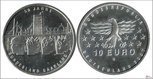 Alemania - Federal - 2007 - Monedas euros en plata - Nº KM00263 - S/C / UNC - 10 € año 2007 letra G / Sarre / 18 gr. plata