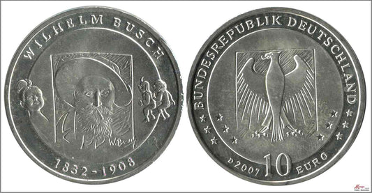 Alemania - Federal - 2007 - Monedas euros en plata - Nº KM00265 - S/C / UNC - 10 € año 2007 letra D / Wilhelm Busch / 18 gr. pla