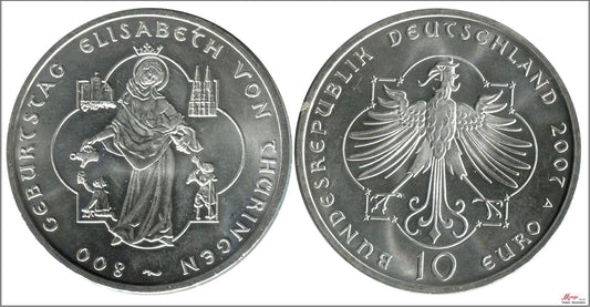 Alemania - Federal - 2007 - Monedas euros en plata - S/C / UNC - 10 € año 2007 Letra A / Isabel de Turingia - 18 gr.