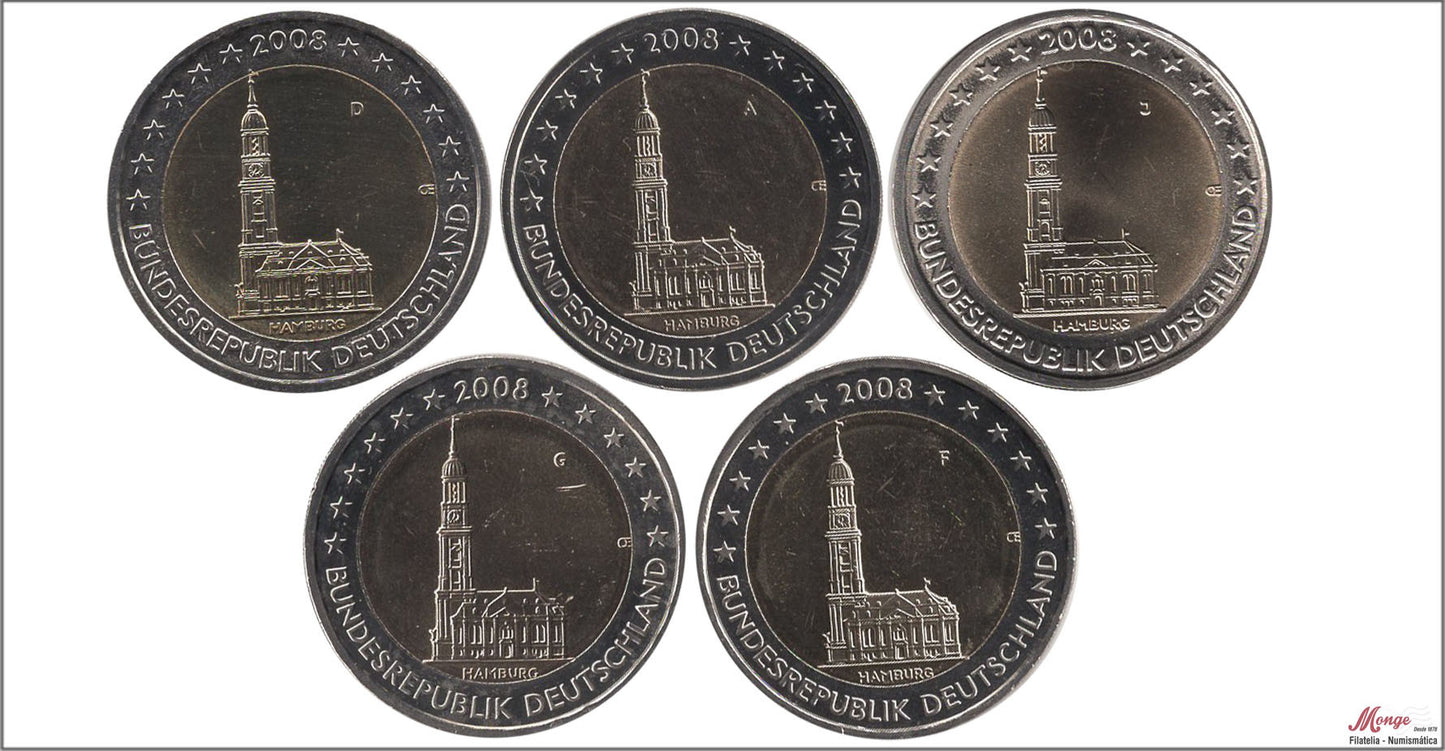 Alemania - Federal - 2008 - Monedas Euros circulación - S/C / UNC - 2 € año 2008 / Hamburg (5 cecas)