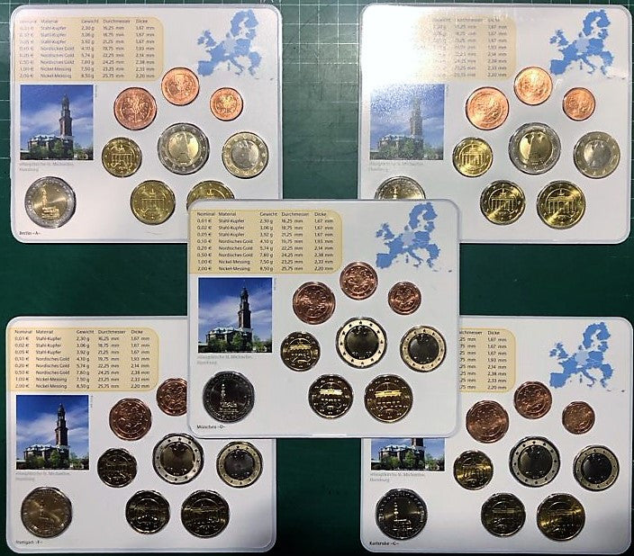 Alemania - Federal - 2008 - Monedas Euros en cartera oficial - FDC / MS - Juego 5 Carteras 2008 (45 monedas)