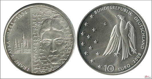 Alemania - Federal - 2008 - Monedas euros en plata - Nº KM00271 - S/C / UNC - 10 € año 2008 letra G / Franz Kafka