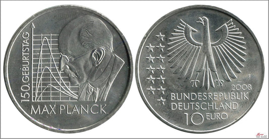 Alemania - Federal - 2008 - Monedas euros en plata - Nº KM00272 - S/C / UNC - 10 € Año 2008 letra F / Max Planck / 18 gr,