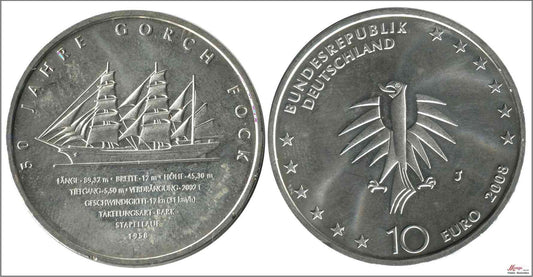 Alemania - Federal - 2008 - Monedas euros en plata - S/C / UNC - 10 € año 2008 letra J / 50 Aniv. Gorch Fock / Barco