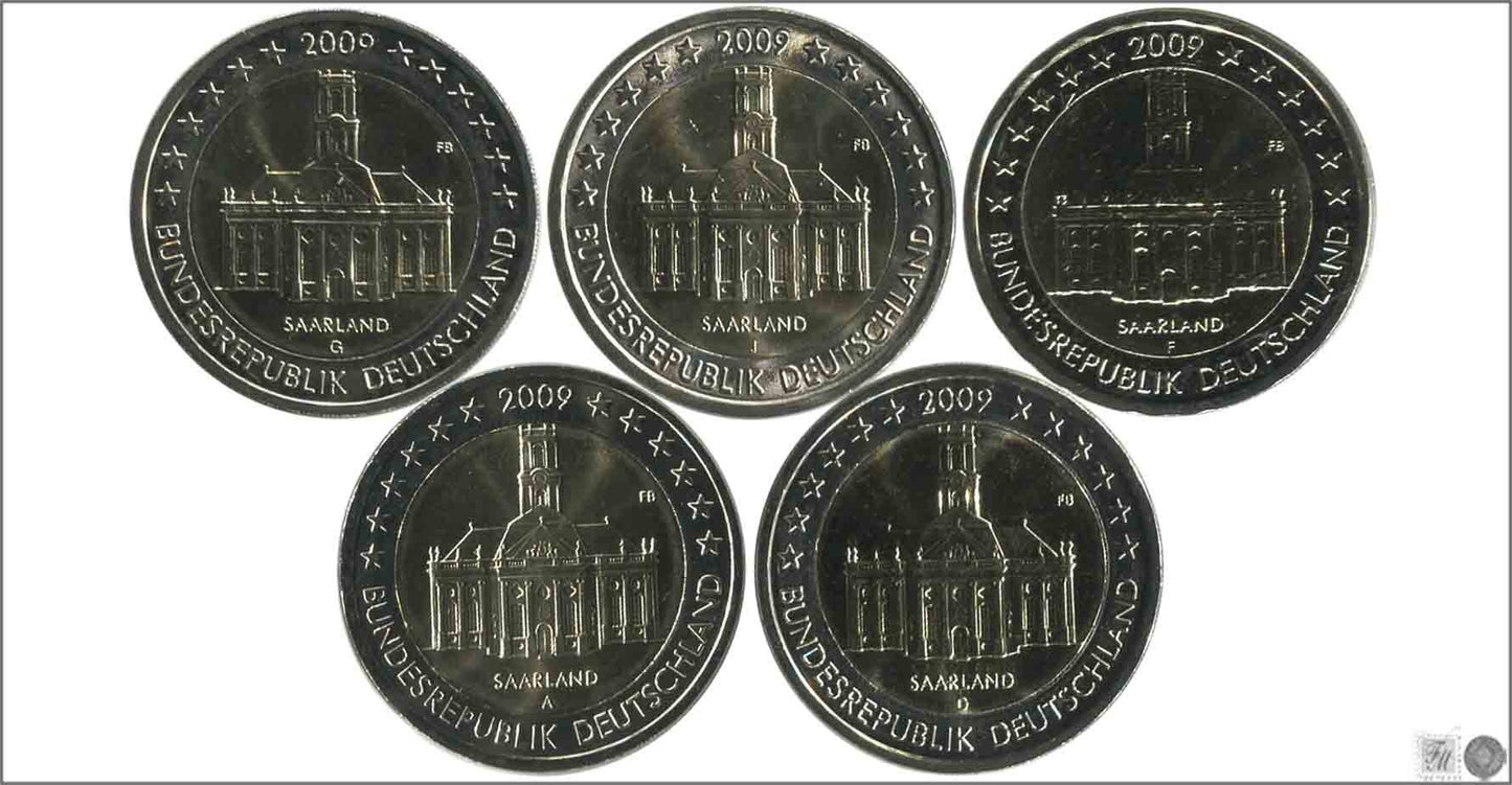 Alemania - Federal - 2009 - Monedas Euros circulación - S/C / UNC - 2 € Año 2009 / Sarrland / 5 Monedas-Cecas