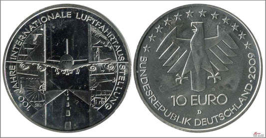 Alemania - Federal - 2009 - Monedas euros en plata - S/C / UNC - 10 € Año 2009 letra D / 100 Aniv. 1er Vuelo Comercial