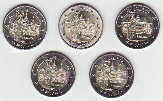 Alemania - Federal - 2010 - Monedas Euros circulación - S/C / UNC - 2 € Año 2010 / Bremen / (5 monedas) (5 cecas)