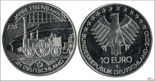 Alemania - Federal - 2010 - Monedas euros en plata - Nº KM00291 - S/C / UNC - 10 € año 2010 letra D / 175 Aniv. Tren-Ferrocarril