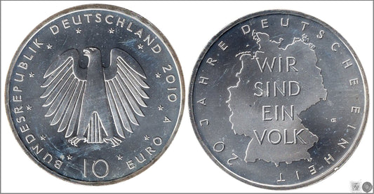 Alemania - Federal - 2010 - Monedas euros en plata - S/C / UNC - 10 € Año 2010 Letra A / 20 Aniv. Reunificación