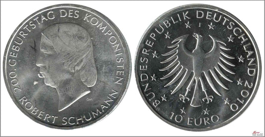 Alemania - Federal - 2010 - Monedas euros en plata - S/C / UNC - 10 € año 2010 letra J / Robert Schumann