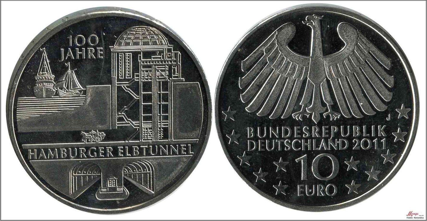 Alemania - Federal - 2011 - Monedas Euros circulación - S/C / UNC - 10 € año 2011 letra J / Tunel Hamburgo