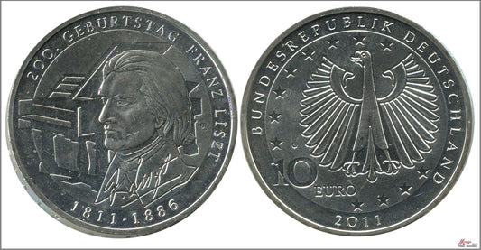 Alemania - Federal - 2011 - Monedas euros en plata - Nº KM00295 - S/C / UNC - 10 € año 2011 letra G / Franz Listz / 16 gr.