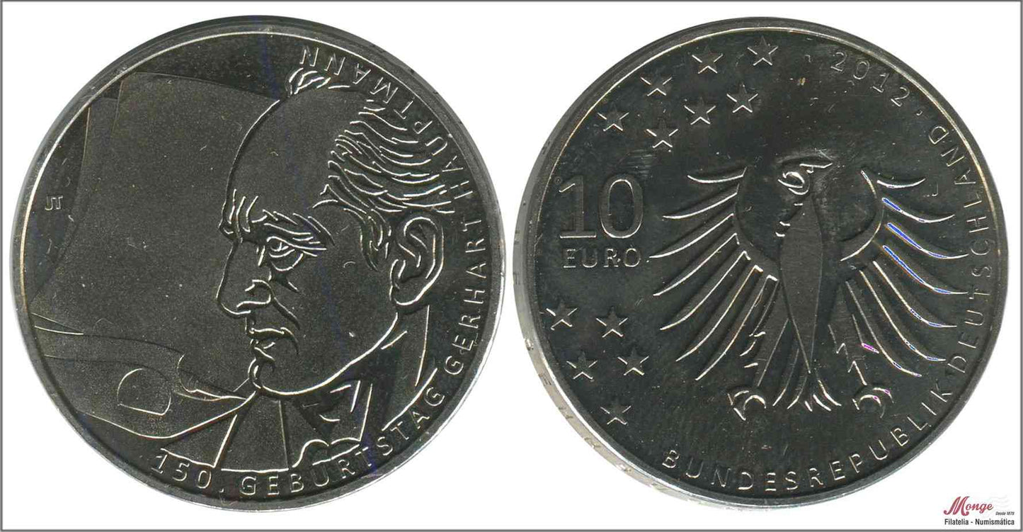 Alemania - Federal - 2012 - Monedas Euros circulación - S/C / UNC - 10 € año 2012 letra J / Gerhart Hauptman