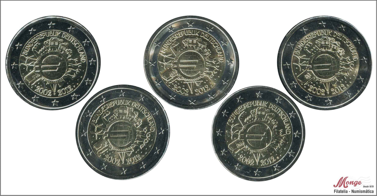 Alemania - Federal - 2012 - Monedas Euros circulación - S/C / UNC - 2 € Año 2012 / Aviersario Euro (5 Cecas/monedas)