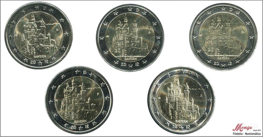 Alemania - Federal - 2012 - Monedas Euros circulación - S/C / UNC - 2 € Año 2012 / Baviera (5 Cecas/monedas)