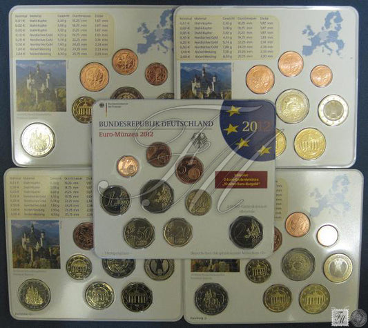 Alemania - Federal - 2012 - Monedas Euros en cartera oficial - FDC / MS - Juego 5 Carteras 2012 (45 monedas)