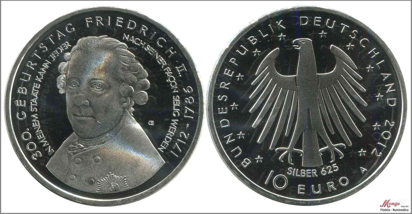 Alemania - Federal - 2012 - Monedas euros en plata - Nº KM00308a - S/C / UNC - 10 € Año 2012 Letra A / 300 Geburtstag Friedrich