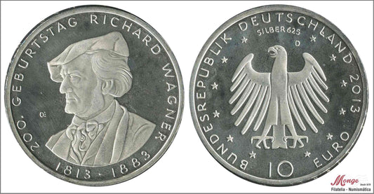 Alemania - Federal - 2013 - Monedas euros en plata - Nº KM00316 - PROOF - 10 € año 2013 letra D / Richard Wagner / 16 gr.