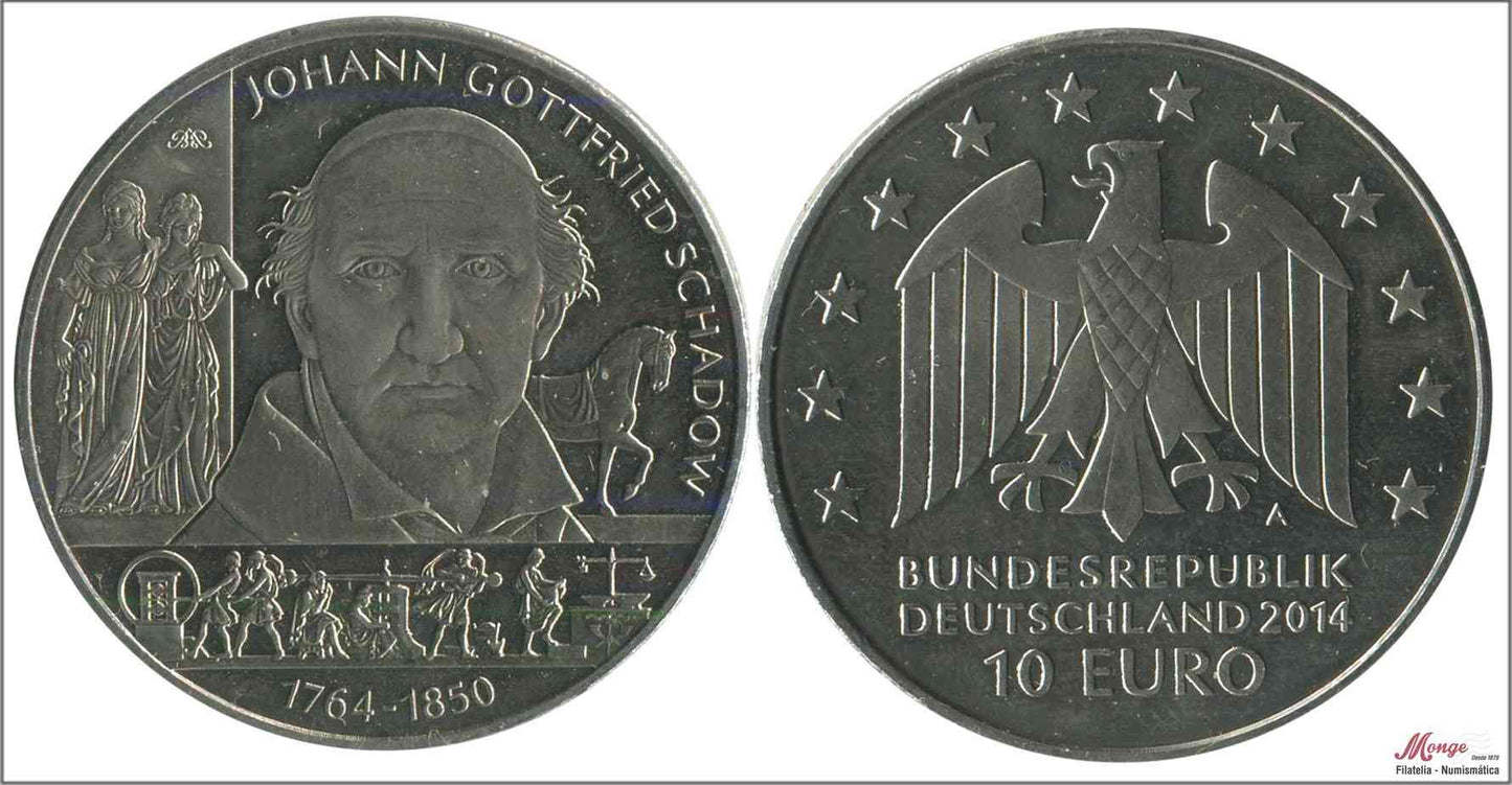 Alemania - Federal - 2014 - Monedas Euros circulación - S/C / UNC - 10 € Año 2014 Letra A / Johann Gottfried Schadow