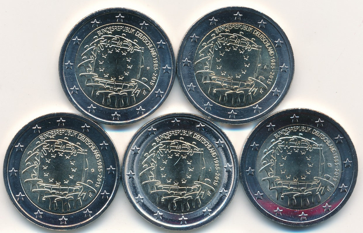 Alemania - Federal - 2015 - Monedas Euros circulación - S/C / UNC - 2 € Año 2015 / 30Aniv. de la Bandera de la UE (5 Cecas/moned