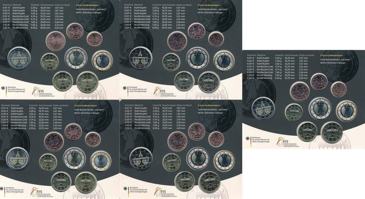 Alemania - Federal - 2016 - Monedas Euros en cartera oficial - FDC / MS - Juego 5 Carteras 2016 (45 monedas)