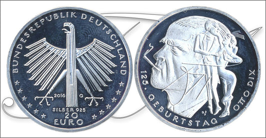 Alemania - Federal - 2016 - Monedas euros en plata - Nº KM00353 - S/C / UNC - 20 € año 2016 letra G / Otto Dix / 18 gr. plata