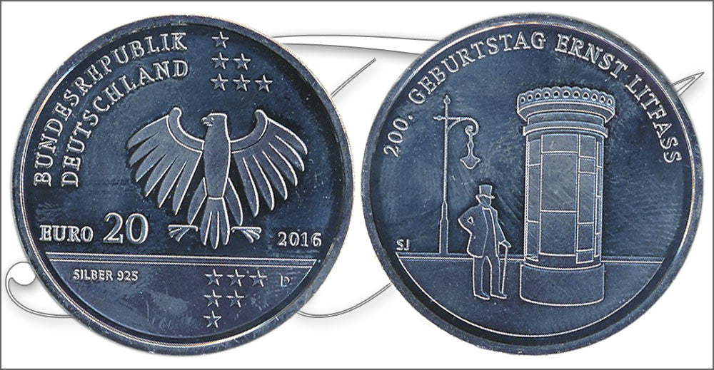 Alemania - Federal - 2016 - Monedas euros en plata - S/C / UNC - 20 € año 2016 letra D / Ernst Litfas