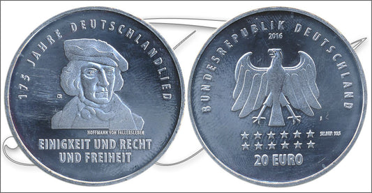 Alemania - Federal - 2016 - Monedas euros en plata - S/C / UNC - 20 € año 2016 letra J / Hoffman von Fallersleben