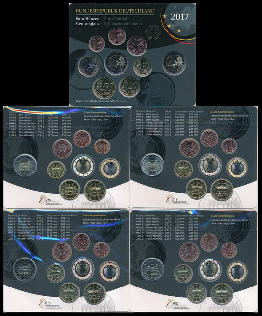 Alemania - Federal - 2017 - Monedas Euros en cartera oficial - FDC / MS - Juego 5 Carteras 2017 (45 monedas)