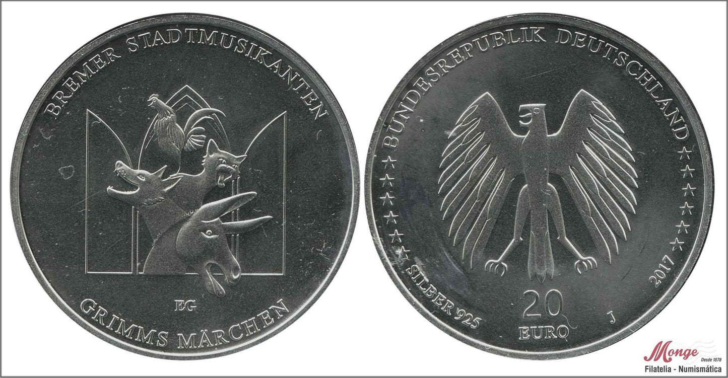 Alemania - Federal - 2017 - Monedas euros en plata - Nº KM00358 - S/C / UNC - 20 € Año 2017 Letra J / Hermanos Grimm - Musicos B