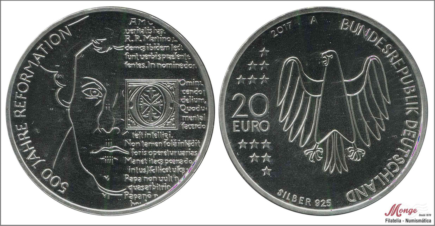 Alemania - Federal - 2017 - Monedas euros en plata - Nº KM00359 - S/C / UNC - 20 € Año 2017 Letra A / 500 Años de la Reforma /