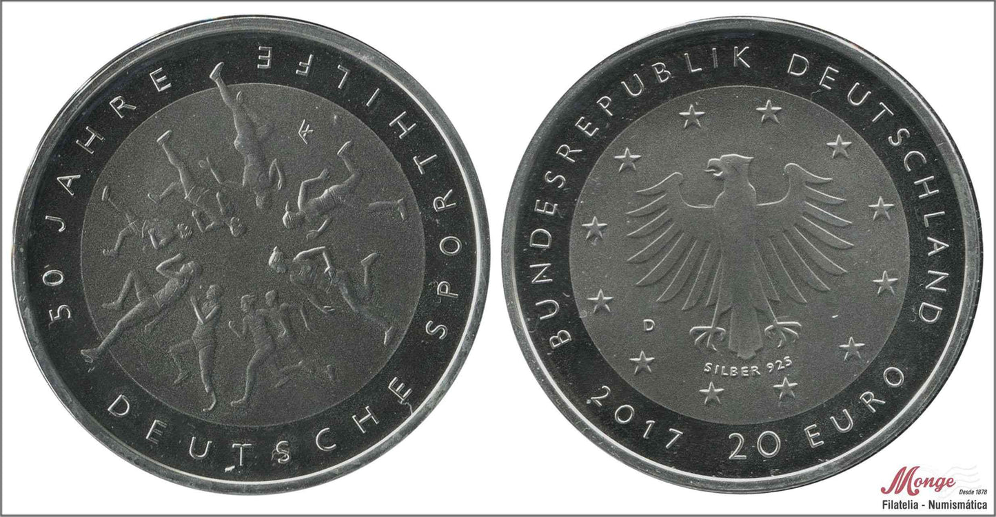 Alemania - Federal - 2017 - Monedas euros en plata - Nº KM00360 - S/C / UNC - 20 € año 2017 letra D / Sporthilfe / 18 gr. plata