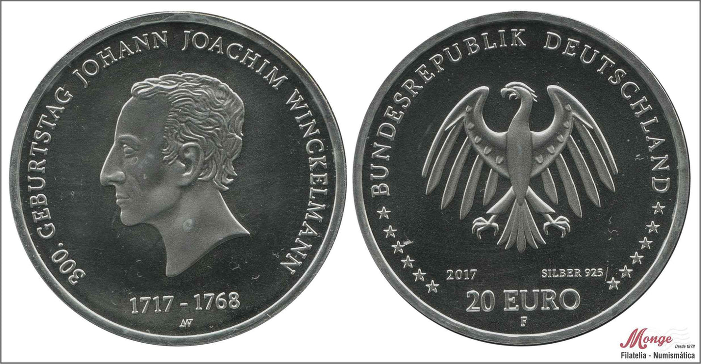 Alemania - Federal - 2017 - Monedas euros en plata - Nº KM00363 - S/C / UNC - 20 € año 2017 letra F / F. Johann Winckelmann / 18