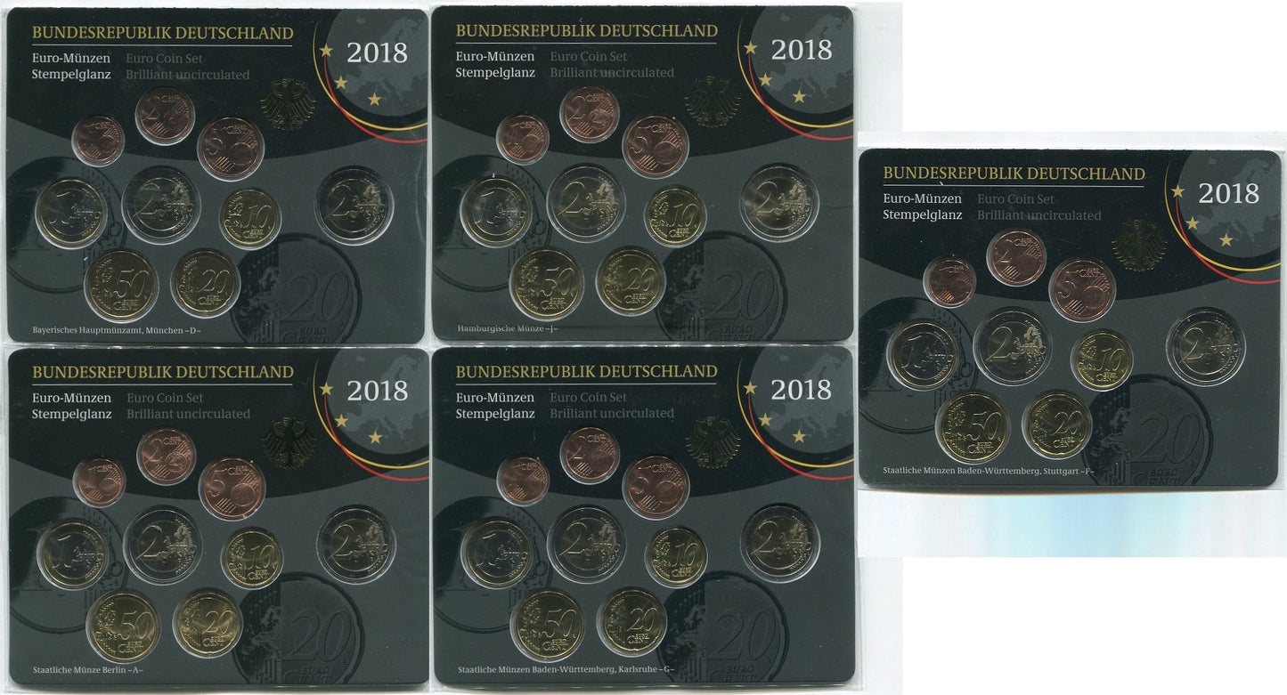 Alemania - Federal - 2018 - Monedas Euros en cartera oficial - FDC / MS - Juego 5 Carteras 2018 (45 monedas)