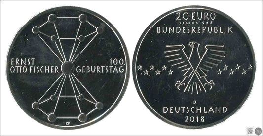 Alemania - Federal - 2018 - Monedas euros en plata - S/C / UNC - 20 € año 2018 letra D / Ernest Otto Fischer