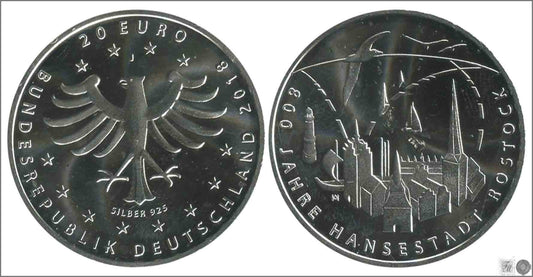 Alemania - Federal - 2018 - Monedas euros en plata - S/C / UNC - 20 € Año 2018 Letra J / 800 años de la ciudad hanseática de Ros