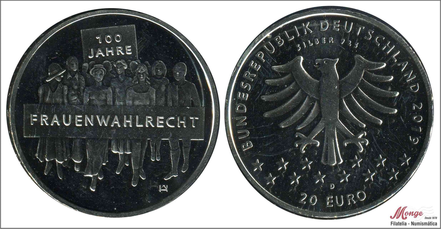 Alemania - Federal - 2019 - Monedas euros en plata - Nº KM00378 - PROOF - 20 € año 2019 letra D / 100 A. Sufragio femenino