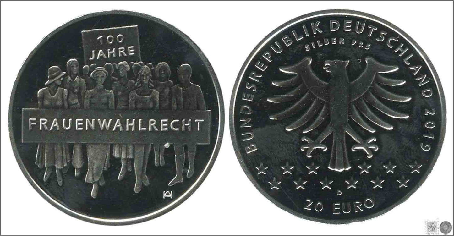 Alemania - Federal - 2019 - Monedas euros en plata - Nº KM00378 - S/C / UNC - 20 € año 2019 letra D / 100 A. Sufragio femenino