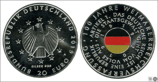 Alemania - Federal - 2019 - Monedas euros en plata - S/C / UNC - 20 € Año 2019 Letra A / 100 años de la Constitución de Weimar